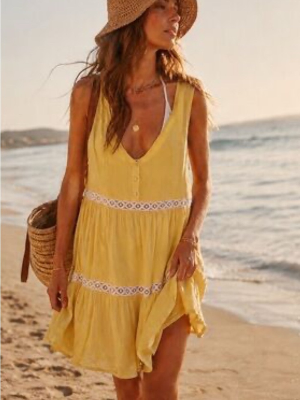 C&C California Butter Yellow Linen Blend Tiered Boho Lace Sundress Size Large